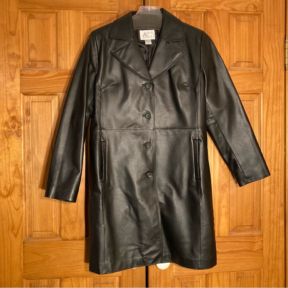 NWOT Madison & Max vintage 80s 90s Long Leather Coat Jacket Black Size L Large